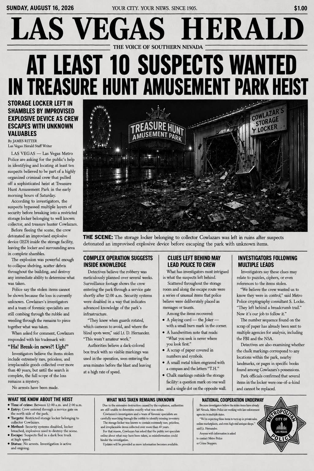 Las Vegas Herald front page — At Least 10 Suspects Wanted in Treasure Hunt Amusement Park Heist