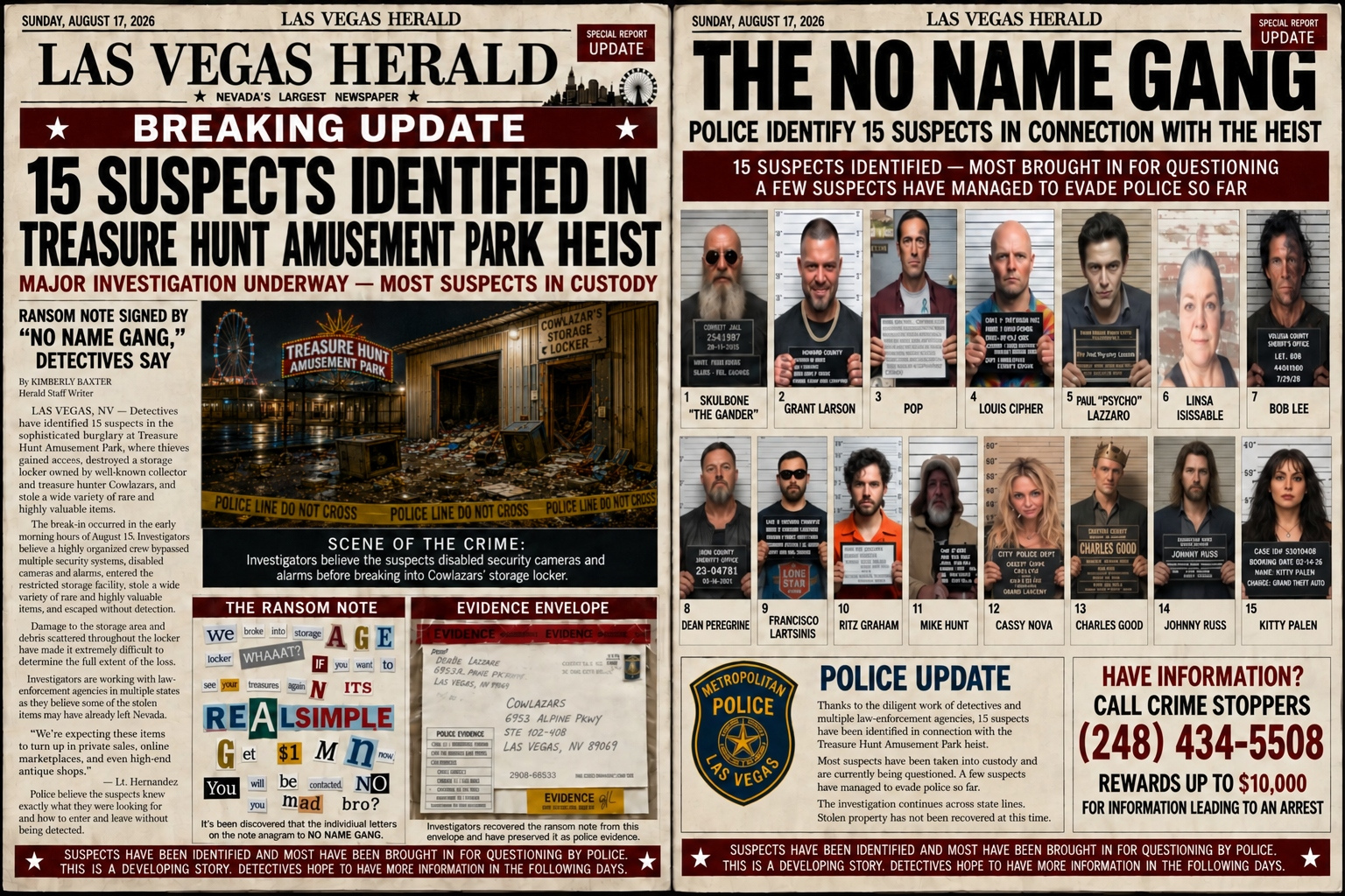 Las Vegas Herald special report spread dated August 17, 2026 — fifteen suspects identified in the Treasure Hunt Amusement Park heist, shown as a grid of mugshots of the No Name Gang